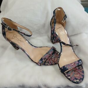 Elegant Jessica Simpson Blue Pink and Rose Block Heel Sandles with Ankle Straps